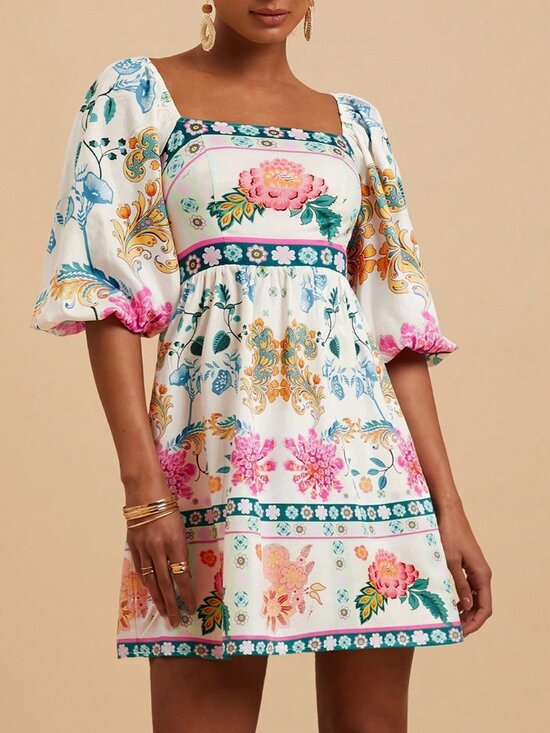 Dresses & Skirts - Multicolor Boho Women's Woven Print Short Sleeve V-Neck Mini Dress Festival
